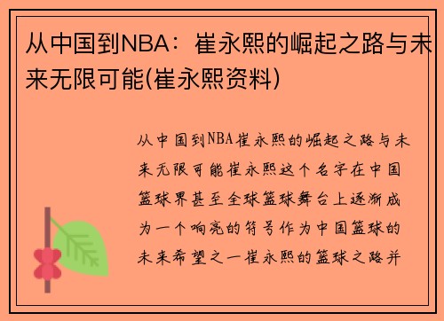 从中国到NBA：崔永熙的崛起之路与未来无限可能(崔永熙资料)