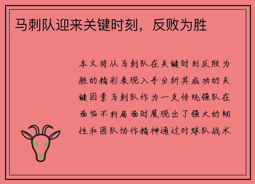 马刺队迎来关键时刻，反败为胜