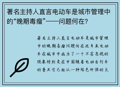 著名主持人直言电动车是城市管理中的“晚期毒瘤”——问题何在？