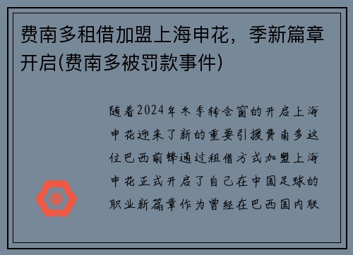 费南多租借加盟上海申花，季新篇章开启(费南多被罚款事件)