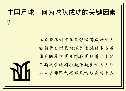 中国足球：何为球队成功的关键因素？