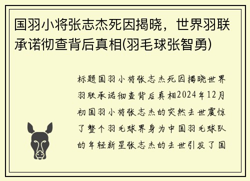 国羽小将张志杰死因揭晓，世界羽联承诺彻查背后真相(羽毛球张智勇)