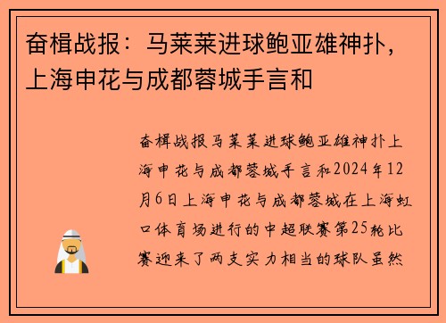 奋楫战报：马莱莱进球鲍亚雄神扑，上海申花与成都蓉城手言和