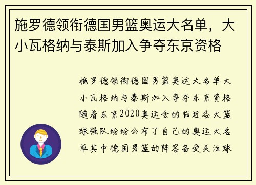 施罗德领衔德国男篮奥运大名单，大小瓦格纳与泰斯加入争夺东京资格