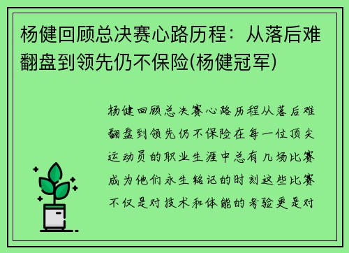 杨健回顾总决赛心路历程：从落后难翻盘到领先仍不保险(杨健冠军)
