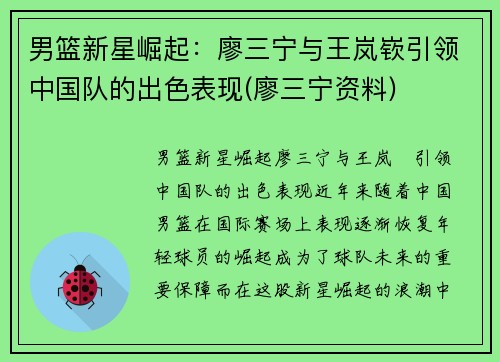 男篮新星崛起：廖三宁与王岚嵚引领中国队的出色表现(廖三宁资料)