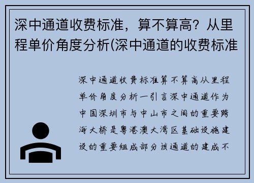 深中通道收费标准，算不算高？从里程单价角度分析(深中通道的收费标准)